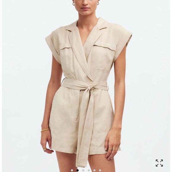 Madewell Pants - MADEWELL Romper Women 14 Khaki Tan Tie Waist NEW Muscle Tank Lyocell Linen NQ584